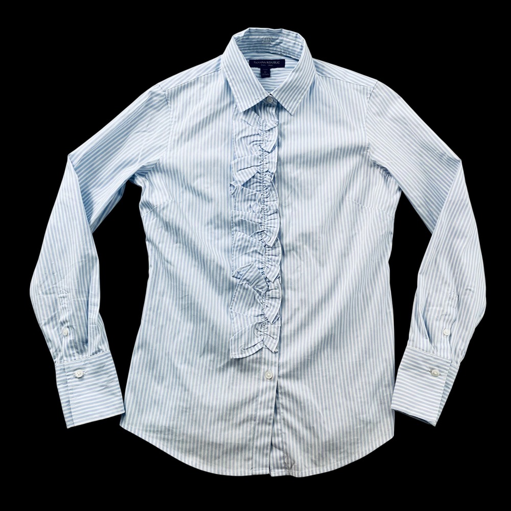 Banana Republic Riley Shirt Womens 0 Petite Blue White Striped‎ Ruffle Front Top